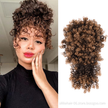 High Quality Brown Drawstring Ponytail Afro Puff Hair Pieces Short Kinky Curly Chignon With Bangs Synthetic Hair Bun Extensions